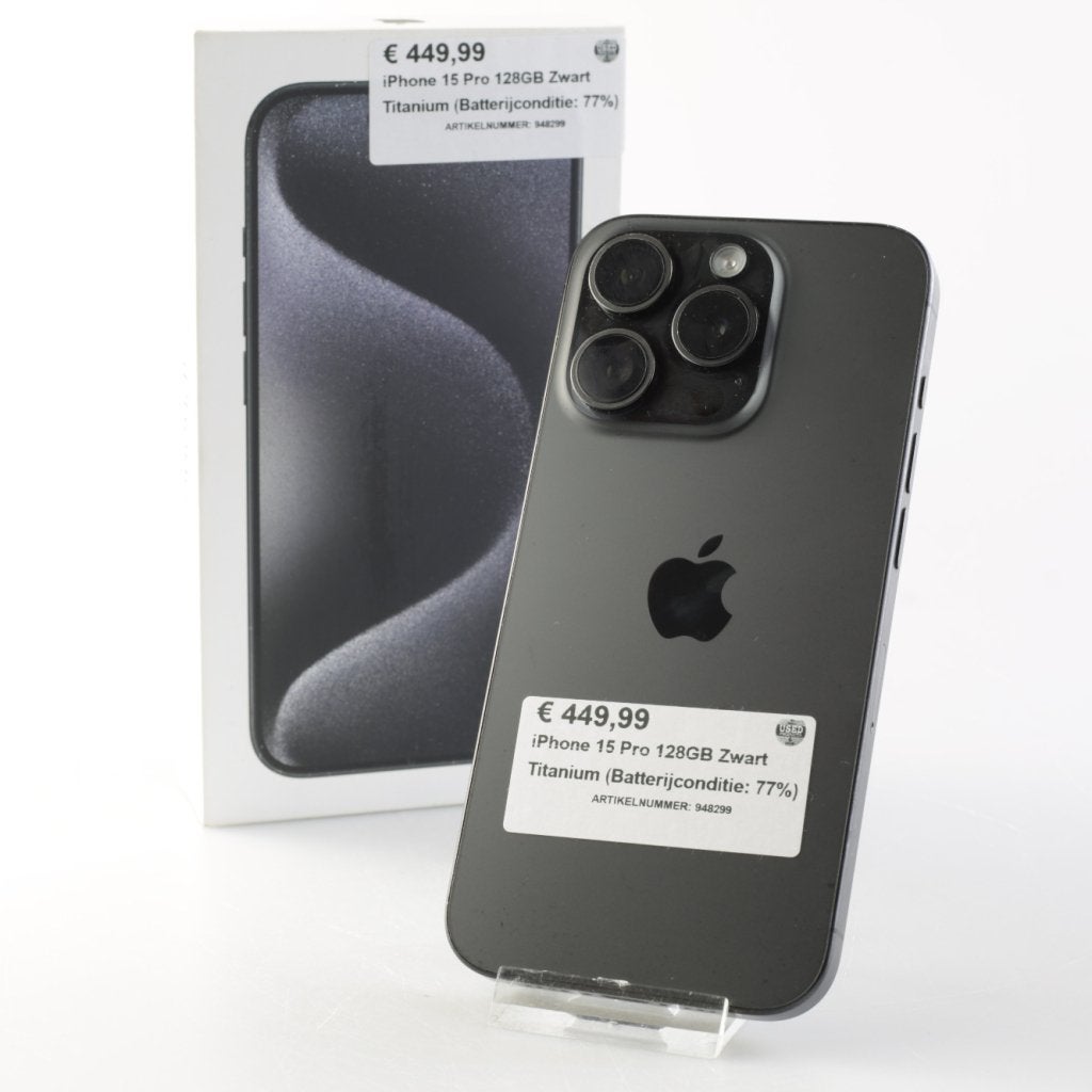 iPhone 15 Pro 128GB Zwart Titanium (Batterijconditie: 77%), Apple, Zo goed als nieuw, Support@apple.com, One Apple Park Way
Cupertino, CA 95014
United States