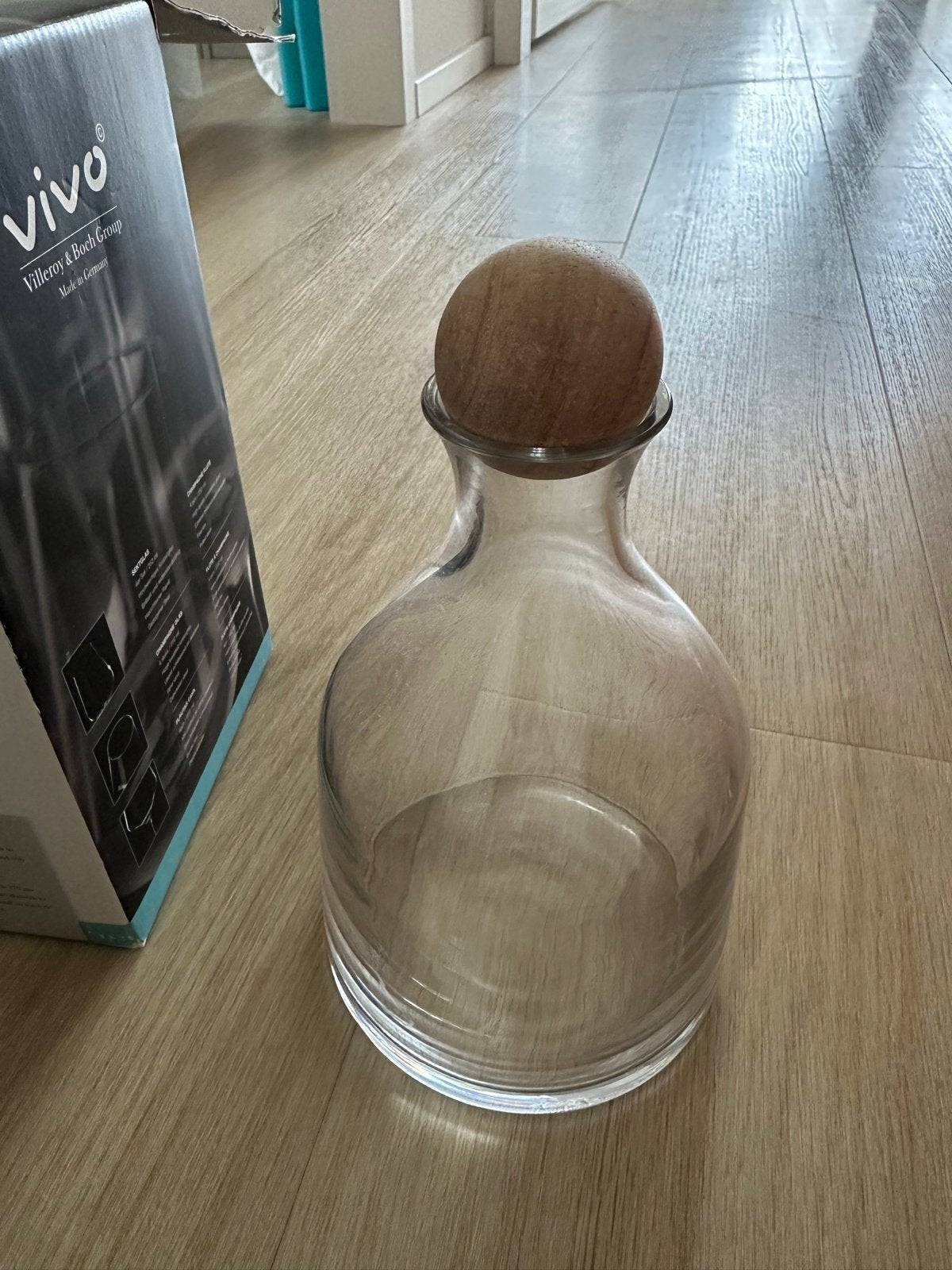 Glazen karaf met houten stop - wijn, water of een drankej, Ophalen, Transparant, Nieuw, Met deksel