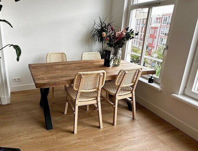 Gratis: houten eettafel met zwart X-onderstel, Gebruikt, 200 cm of meer, 50 tot 100 cm, Rechthoekig