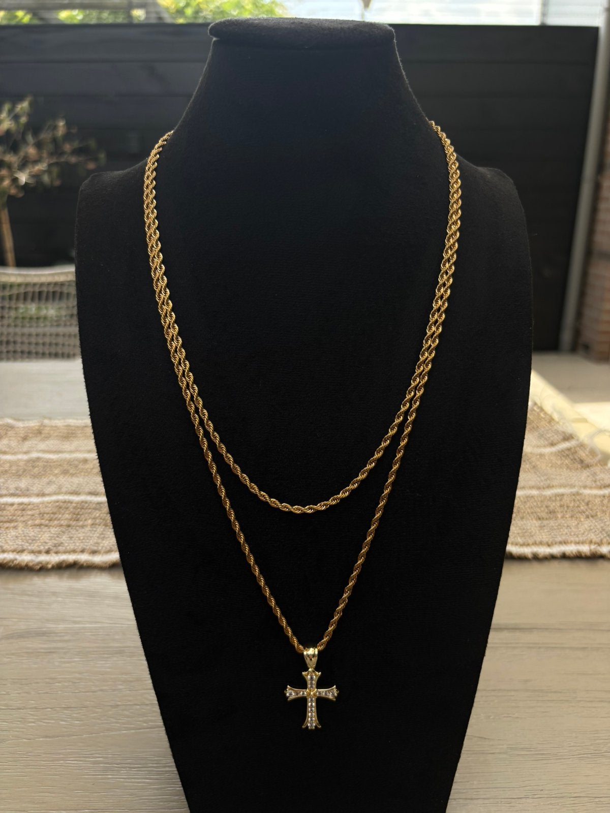 18K Gold Plated Rope Ketting Set 3 mm Cross Hanger, Ophalen of Verzenden, Zo goed als nieuw, Goud