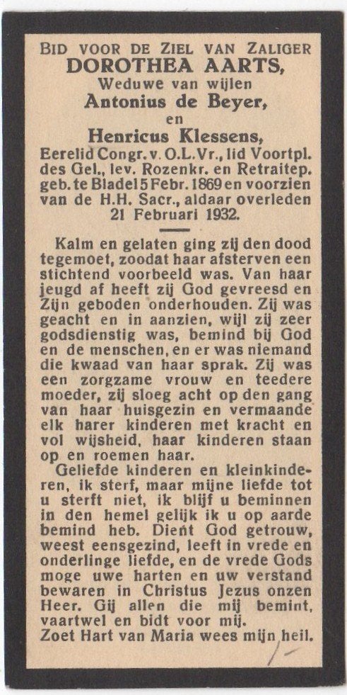 Dorothea Aarts 1869 Bladel + 1932 Bladel, 63 jaar, Verzenden