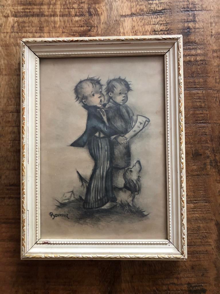 Vintage Bonnie tekening: Twee jongens met hond, 1980 tot heden, Ophalen of Verzenden, Zo goed als nieuw, Prent