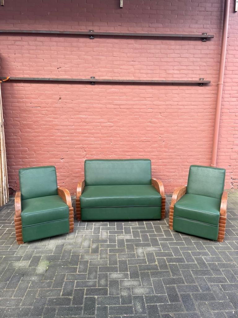 Vintage 3-delige loungeset van teakhout met groen leer, 4 zitplaatsen, Teakhout, Ophalen of Verzenden, Zo goed als nieuw