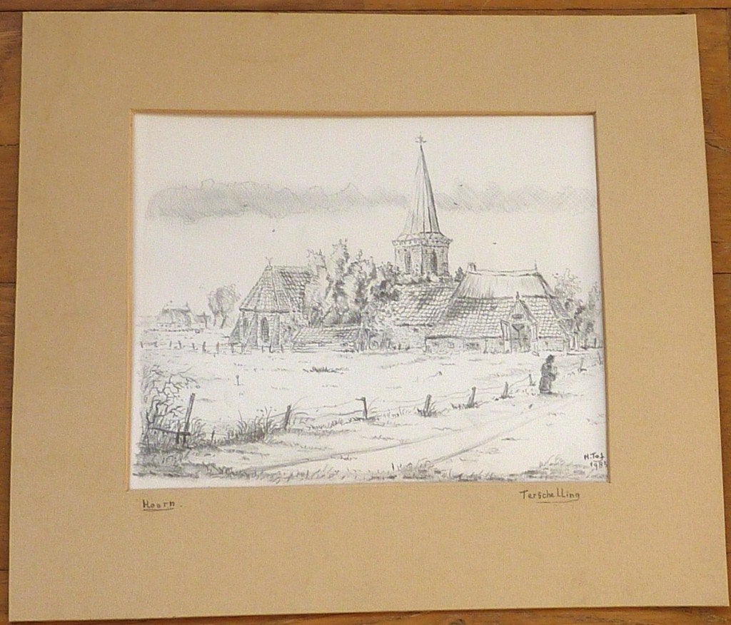 Kerk te Hoorn - Terschelling, Antiek en Kunst, Ophalen of Verzenden, Tekening, Potloodtekening, Gesigneerd