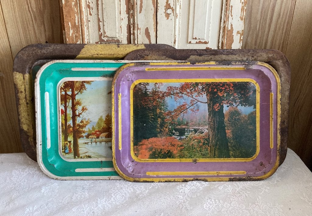 3x Brocante oude metalen dienbladen - dienblad - theeblad, ---, Ophalen of Verzenden, Afneembaar, ---