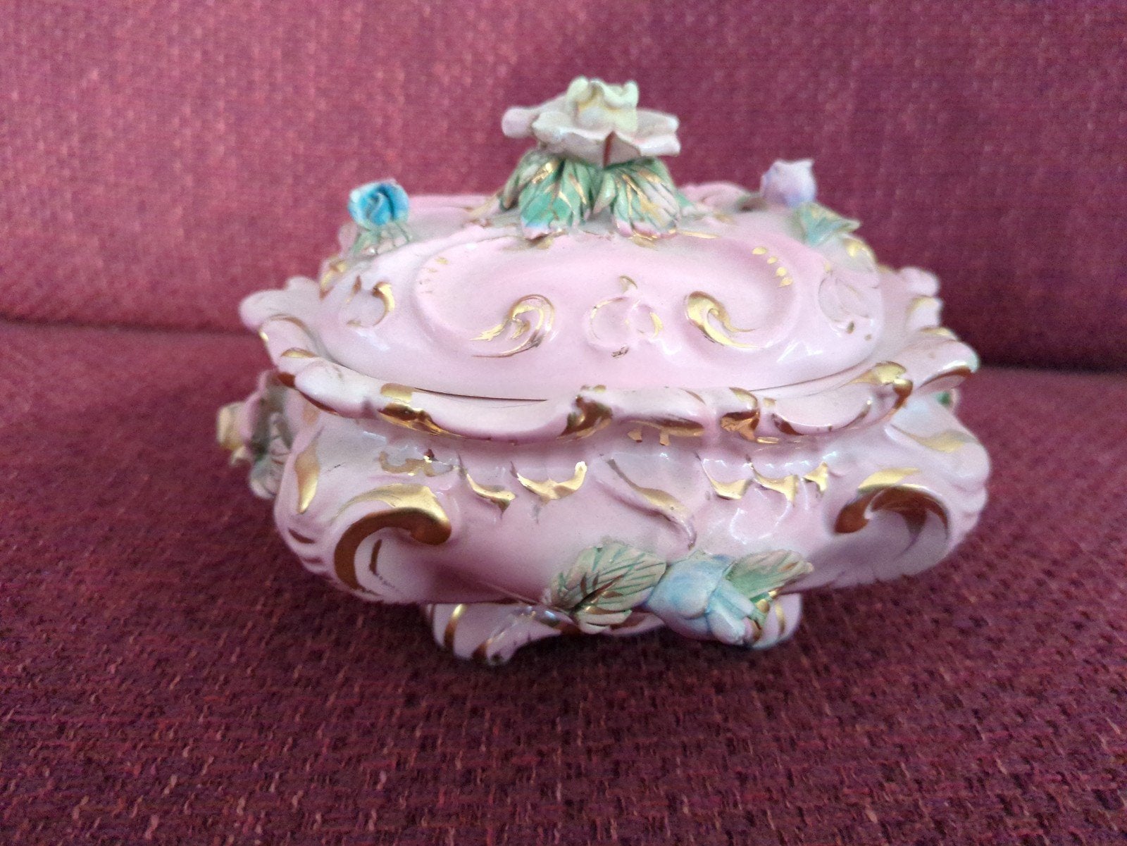 Vintage roze sieradendoosje met bloemen, Made in Italy, Antiek en Kunst, Ophalen