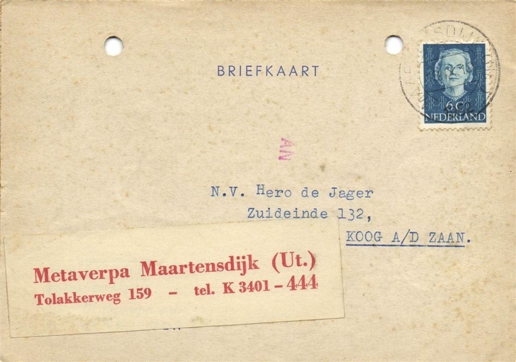 Metaverpa Maartensdijk [Ut.] - 09.1952 - briefkaart, Ophalen of Verzenden, Briefkaart