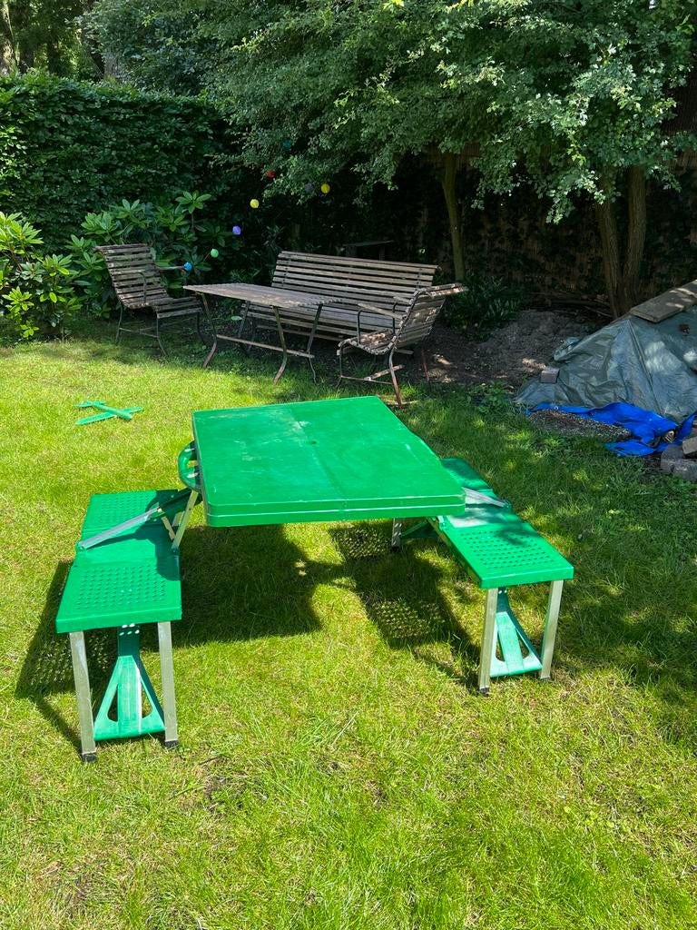 Inklapbare camping tafel met bankjes - Groen, Ophalen, Gebruikt, Campingtafel