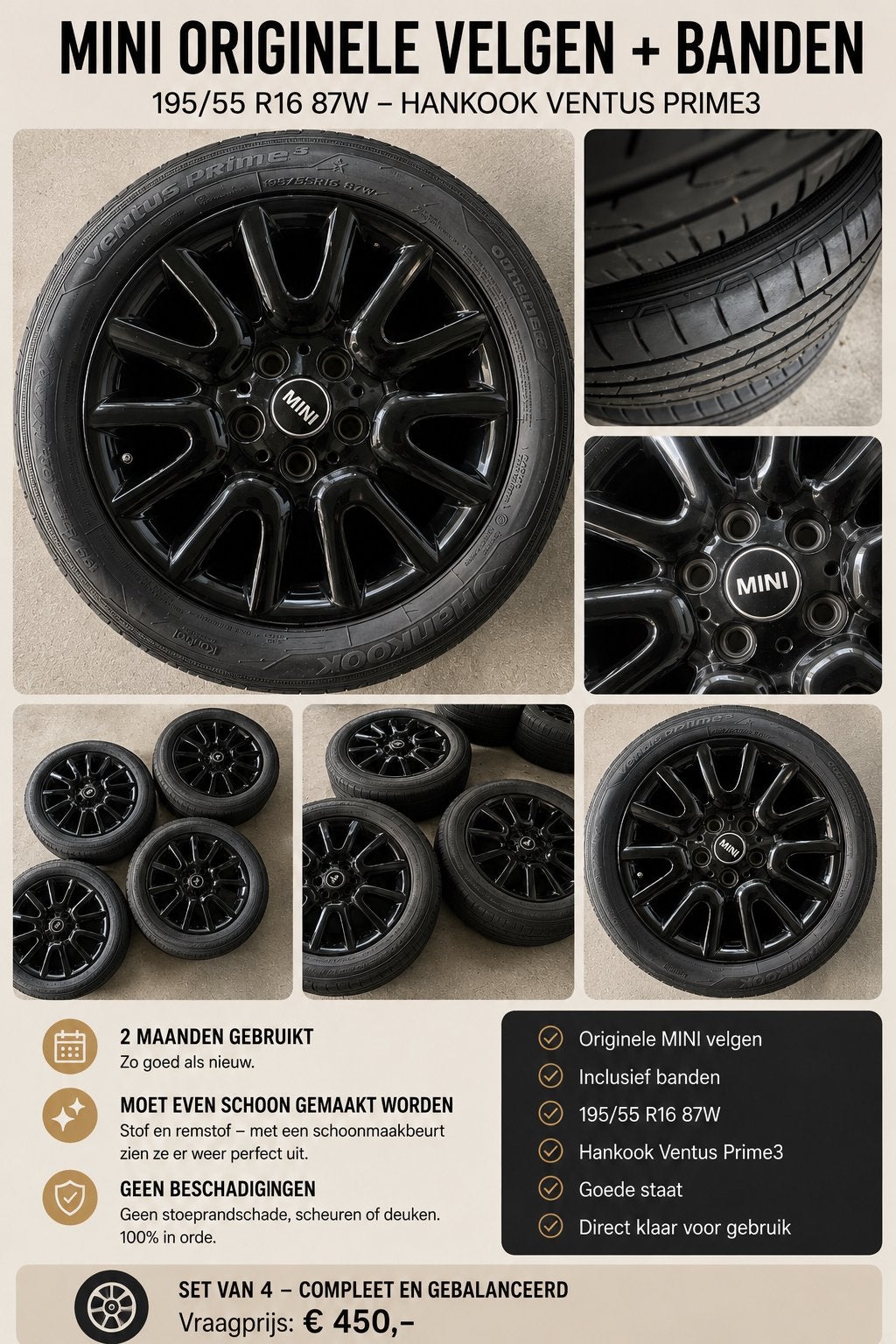Mini originele velgen + Hankook Ventus Prime3 banden, Auto-onderdelen, Banden en Velgen, Ophalen, Gebruikt, 16 inch, Banden en Velgen