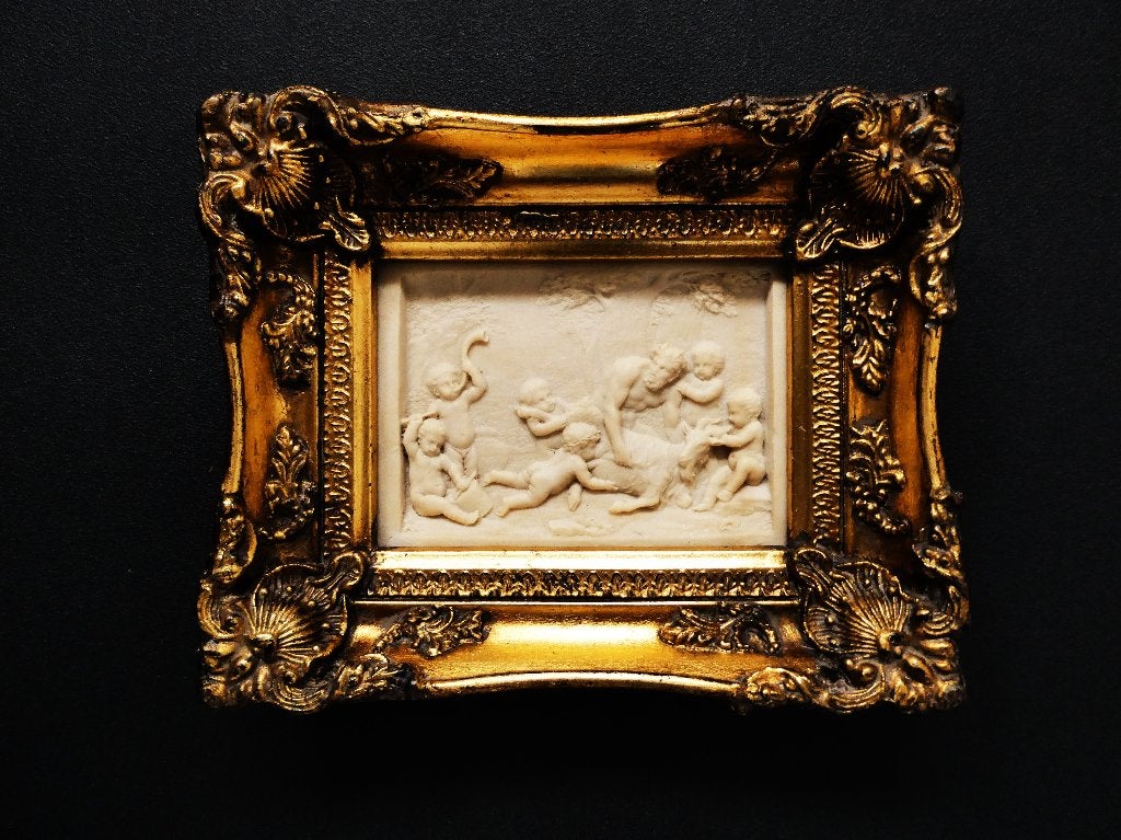 Albast plaquette gouden lijst Bacchanten putti geit God Pan, Ophalen of Verzenden