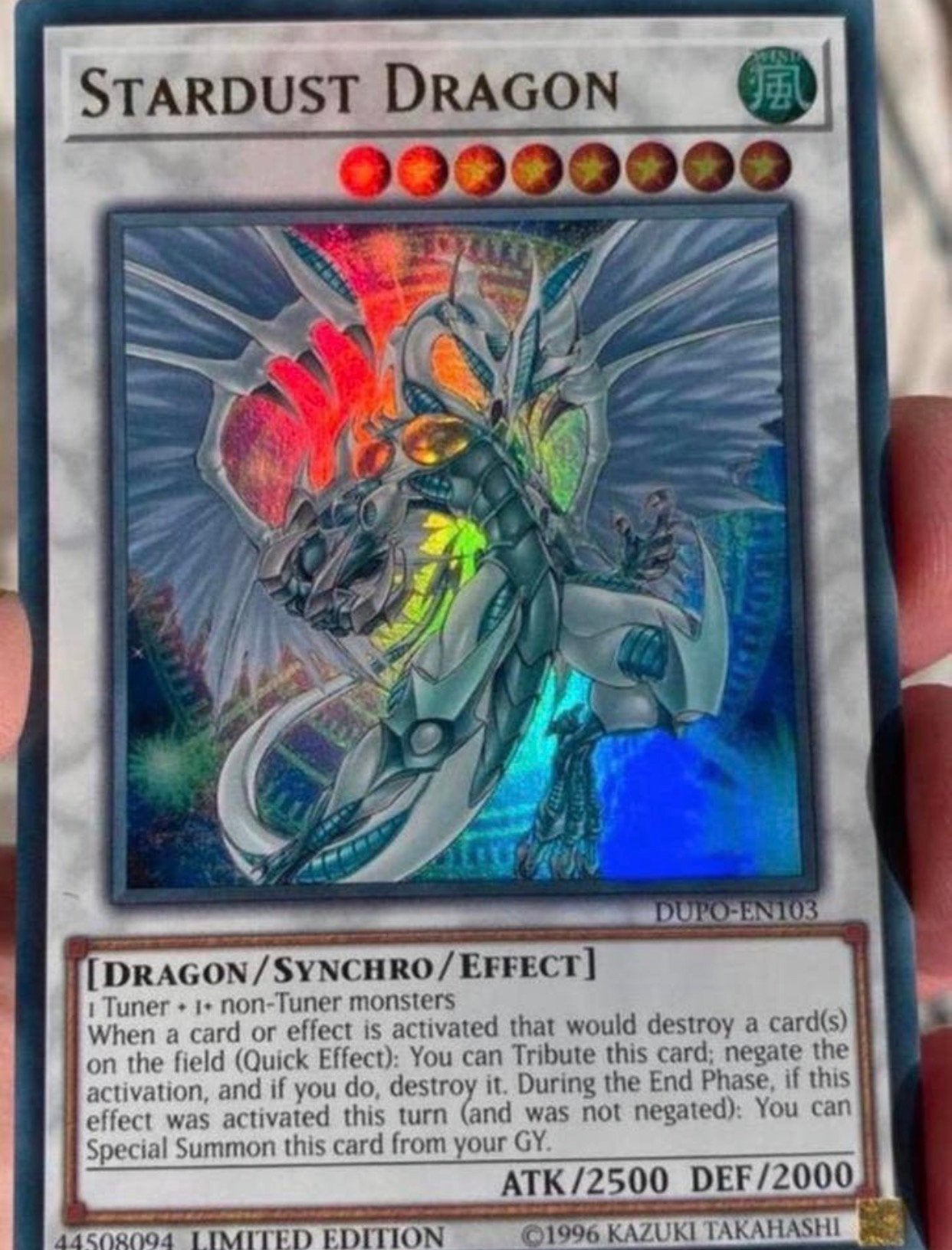 Yu-Gi-Oh! Stardust Dragon DUPO Limited Edition !, Ophalen of Verzenden, Zo goed als nieuw, Losse kaart, Foil