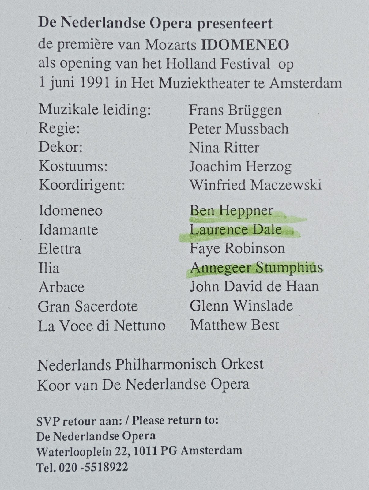 Jaap Pieper Opera foto Idomeneo Holland Festival 1991, Ophalen of Verzenden, 1980 tot heden, Overige onderwerpen