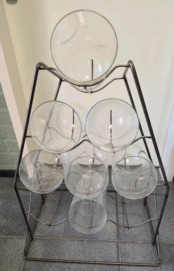 Vintage Glazen snoeppotten op metalen standaard/rek, Ophalen, Gebruikt, Glas, Industrieel