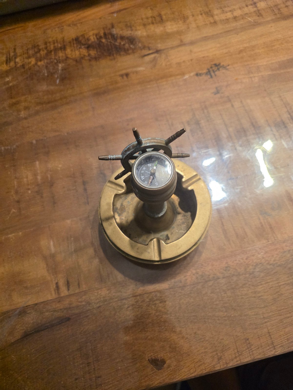Vintage messing asbak met kompas en scheepsroer, Ophalen of Verzenden