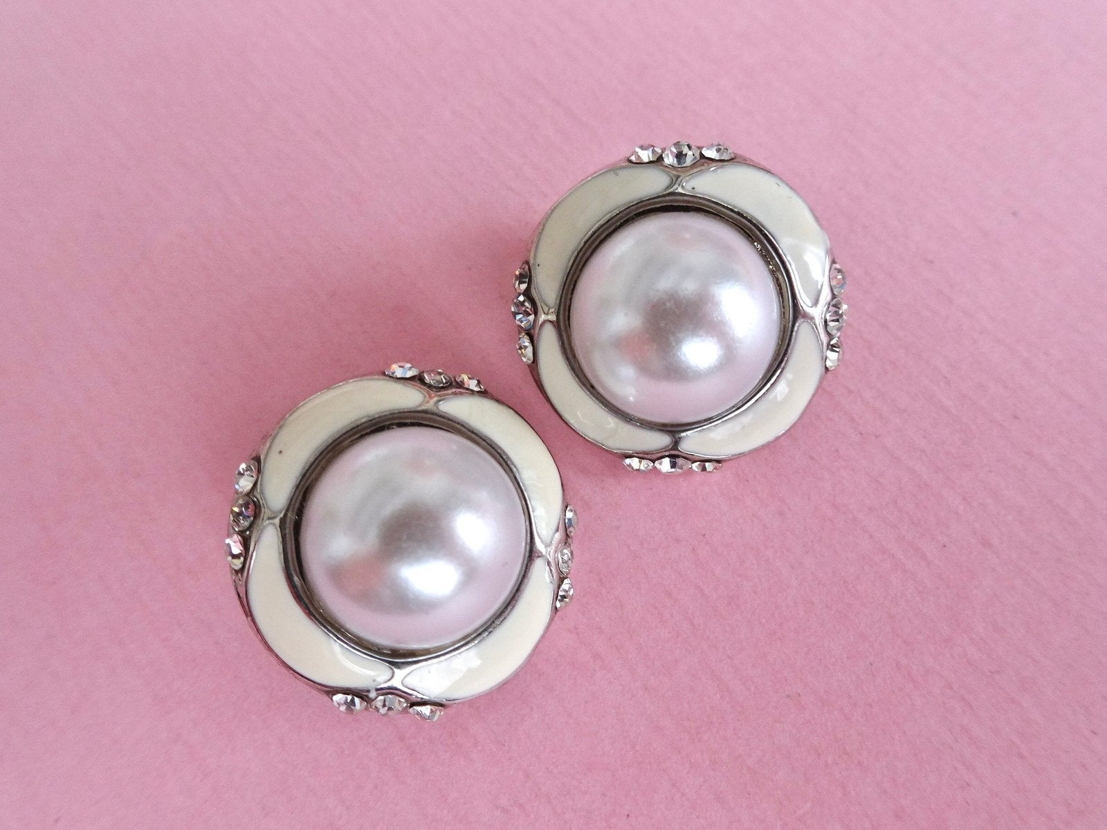 jwg Vintage 60s 70s parel emaille oorbellen creme zilver klr, Verzenden, Overige materialen, Oorbellen