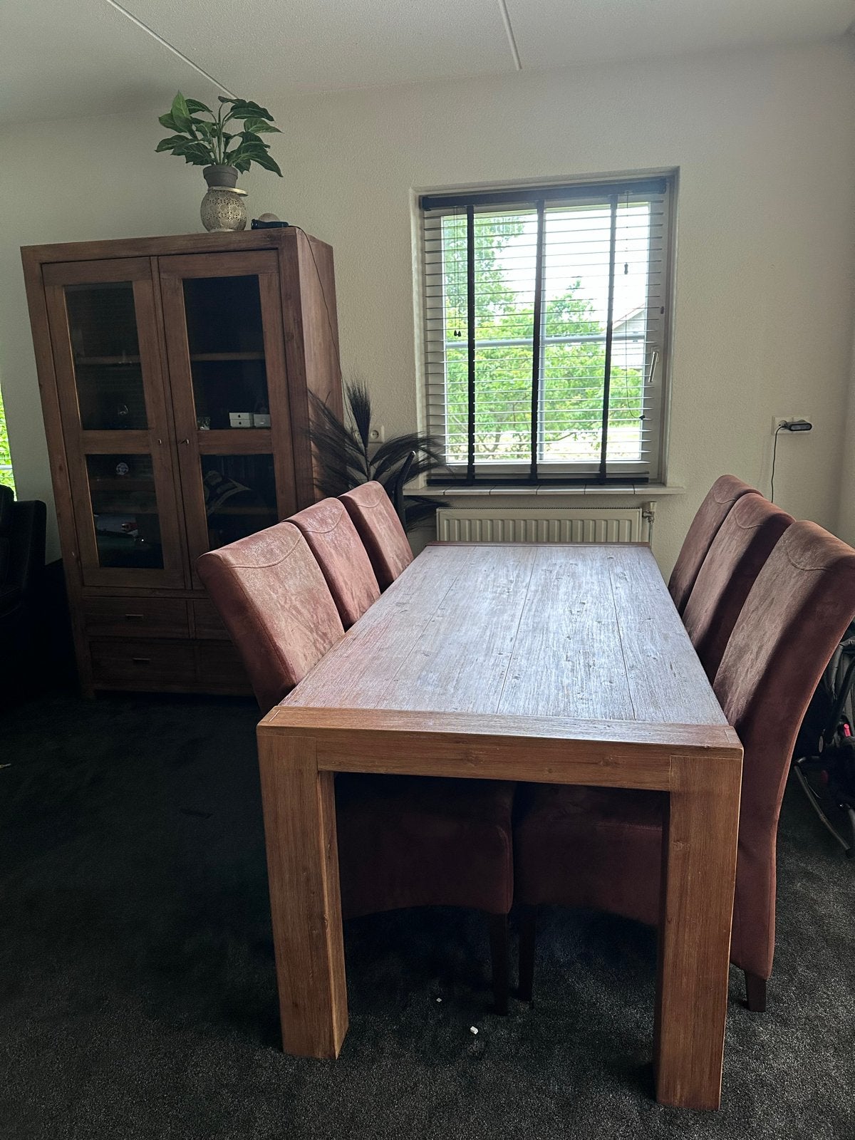 Massief houten eettafel met 6 stoelen, Ophalen, Gebruikt, 50 tot 100 cm, 150 tot 200 cm