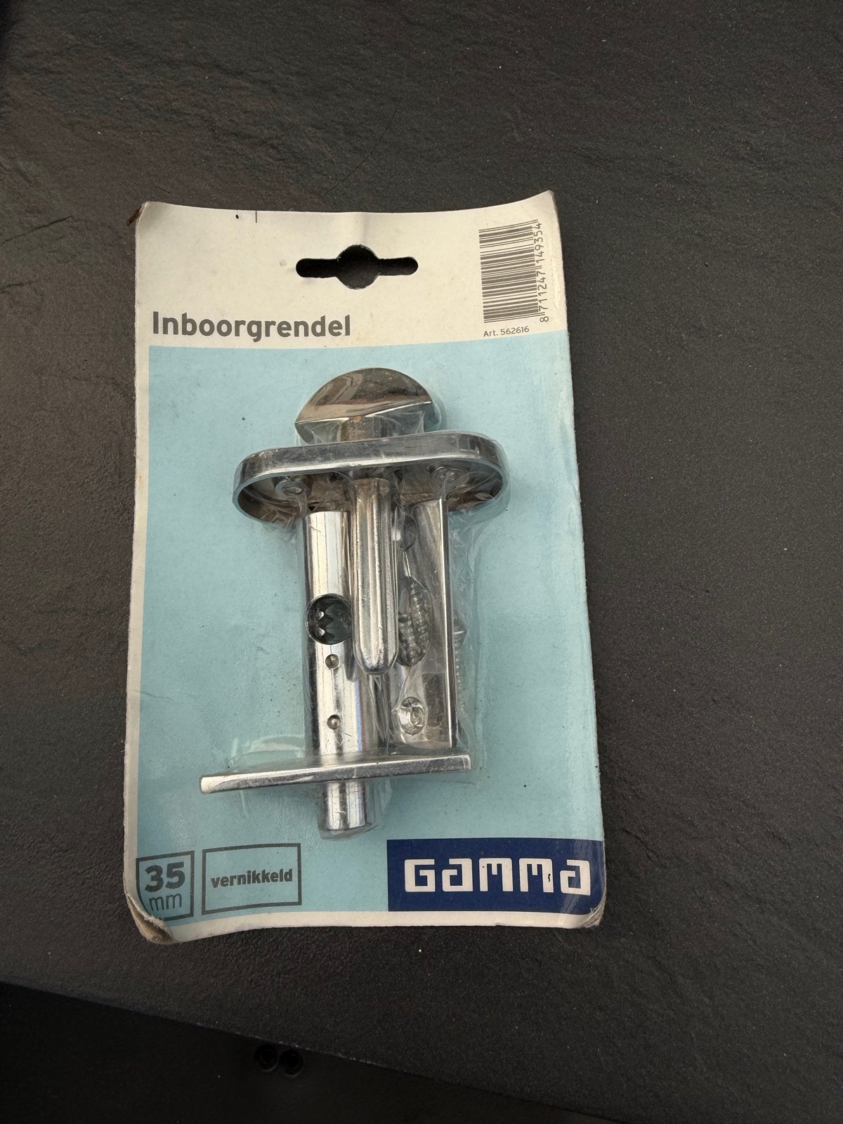 Nieuwe Inboorgrendel 35mm vernikkeld - GAMMA, Ophalen, Nieuw, Overige materialen, Schuif of Grendel