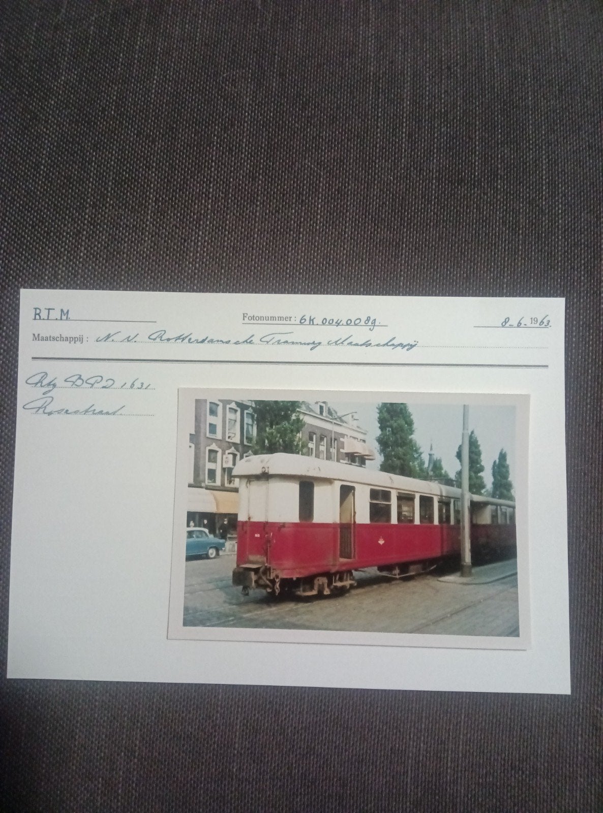 RTM Tram 1963 - Foto en Gegevenskaart, Ophalen of Verzenden, Gebruikt, Tram, Kaart of Prent