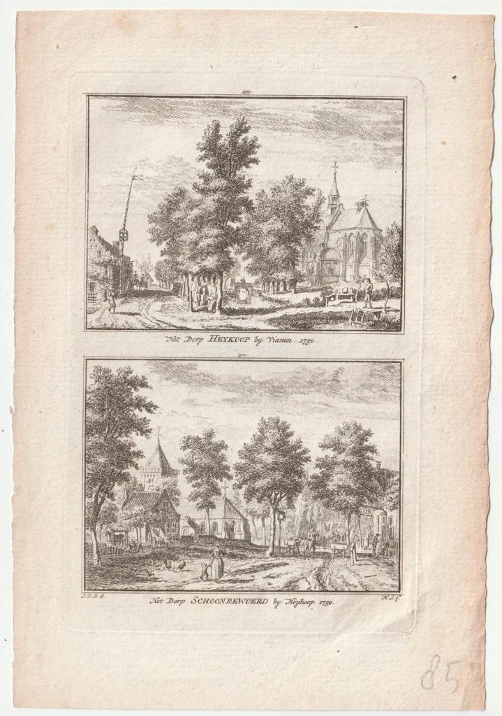 Heykoop Schoonrewoerd gravure Spilman ca. 1750, Antiek en Kunst, Kunst | Etsen en Gravures, Verzenden, Stadsgezicht, Gravure, Dubbele gravure