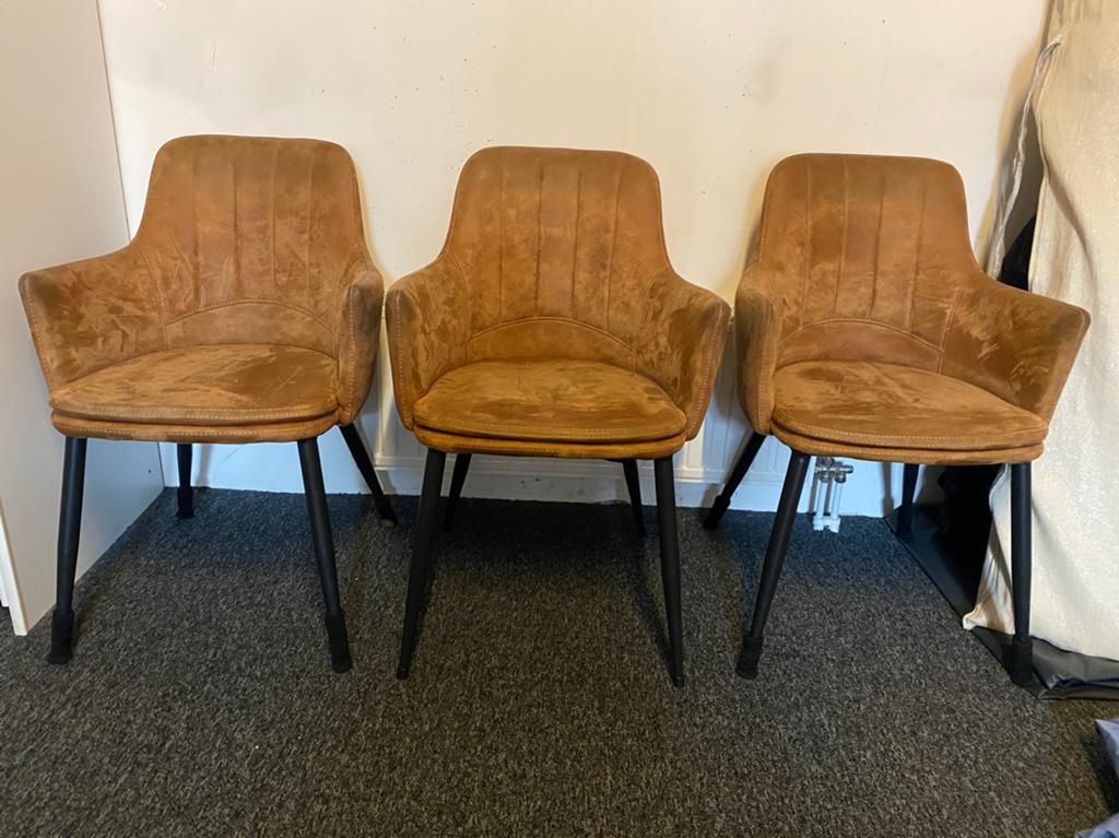 Set van 3 cognac eetkamerstoelen met armleuningen, Huis en Inrichting, Stoelen, Ophalen, Gebruikt, Stof, Drie