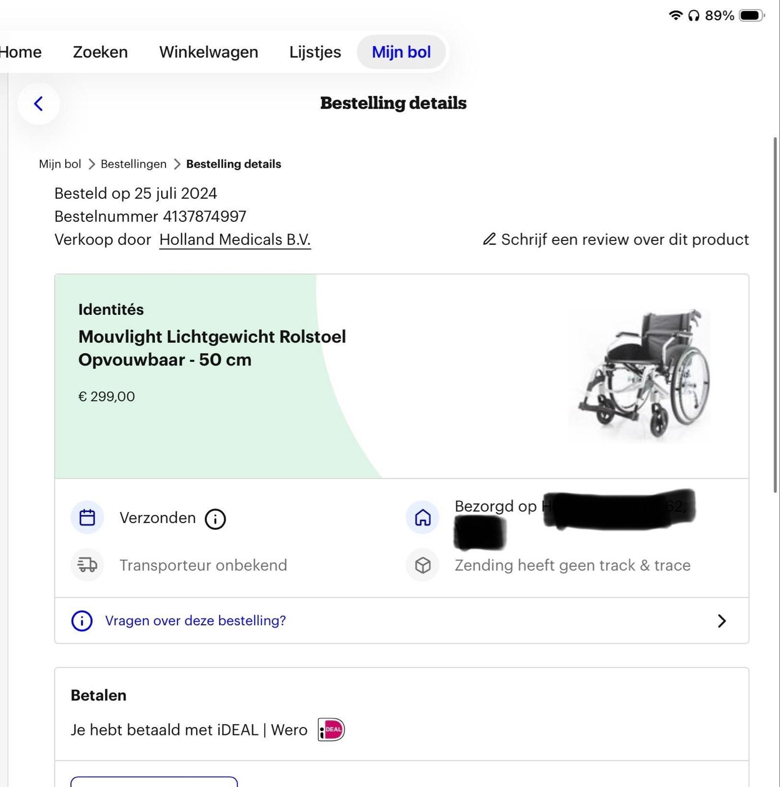 Rolstoel 50cm breed, Ophalen, Inklapbaar, Zo goed als nieuw, Duwrolstoel