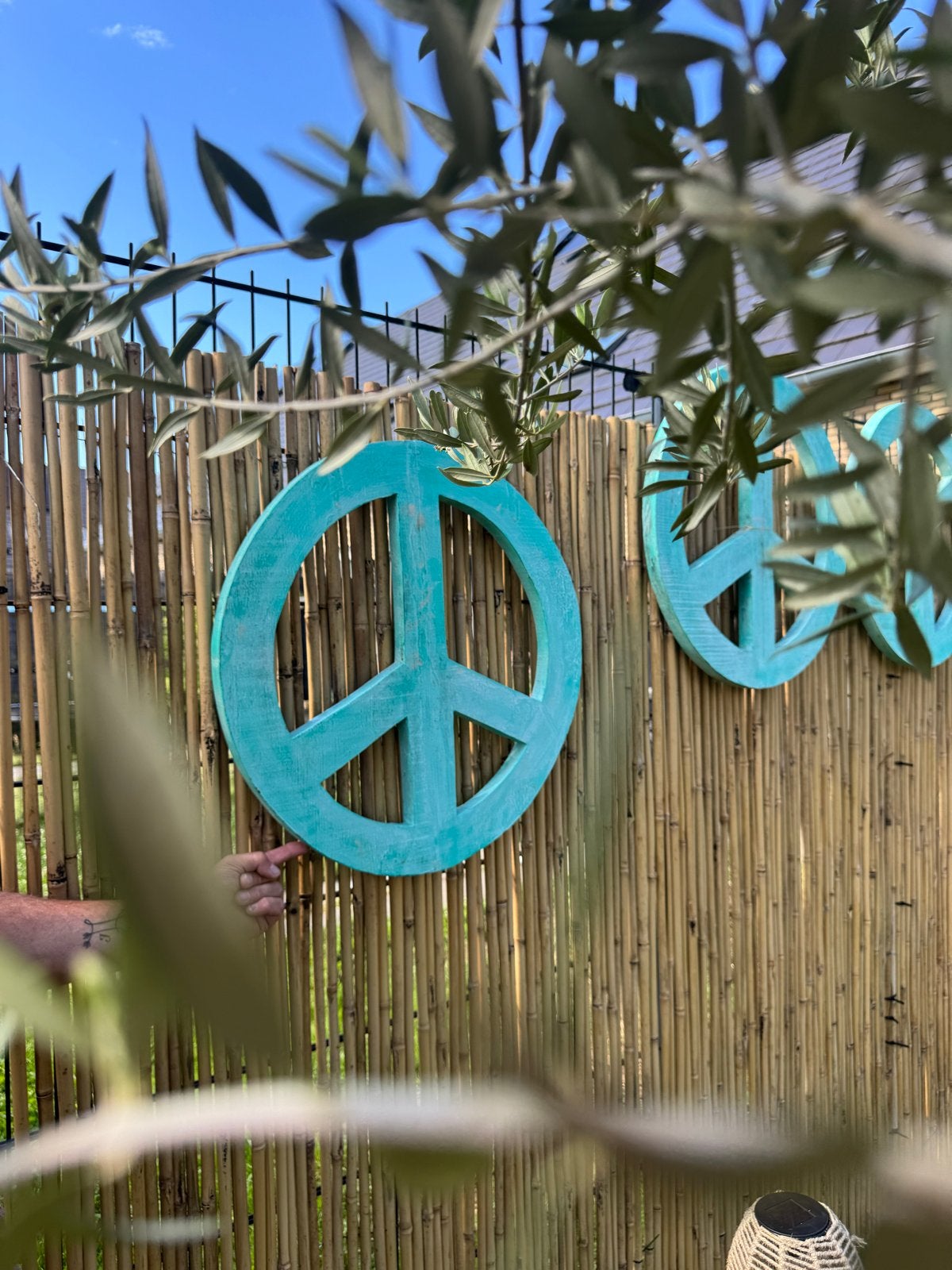 Grote houten Peace teken decoratie - Turquoise, Hout, Blauw, Boho, Nieuw