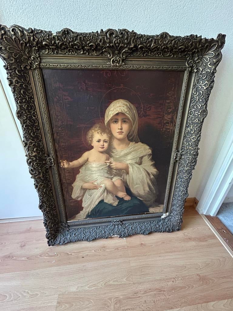 Antiek Schilderij Maria met Kind - 96 x 77 cm, Ophalen