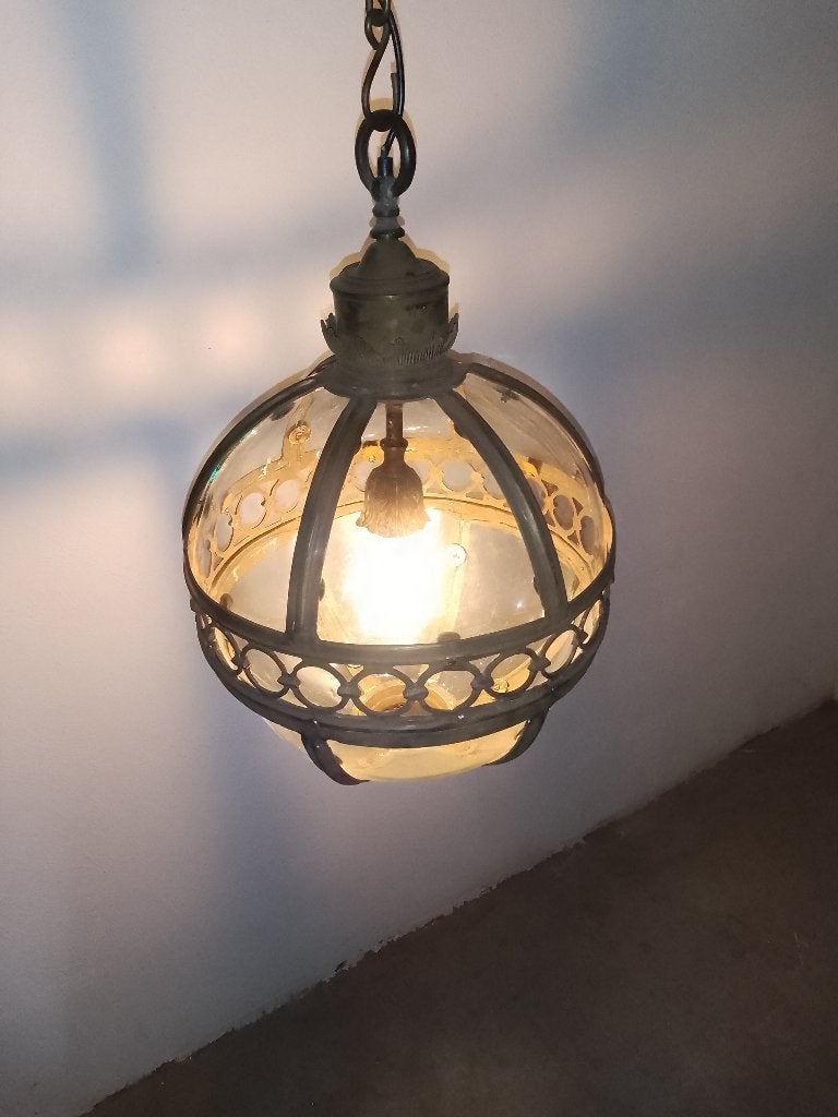 Prachtige grote koperen Victoriaanse bolhanglamp/globe hall, Ophalen of Verzenden, Koper
