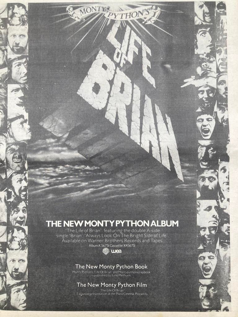 Paginagrote A3 advertentie LIFE OF BRIAN Monty Pyton release, Ophalen of Verzenden