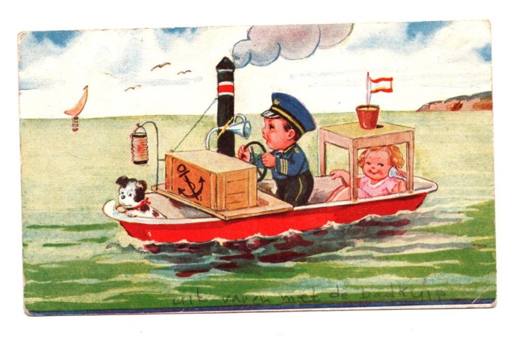 Oude Ansichtkaart Kinderen Bad Bootje Kapitein, Ophalen of Verzenden, 1940 tot 1960, Overige thema's