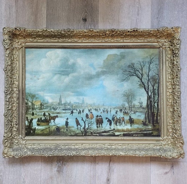 Hollands IJslandschap met schaatsers met prachtige sierlijst, Ophalen of Verzenden, Klassiek, Landschap