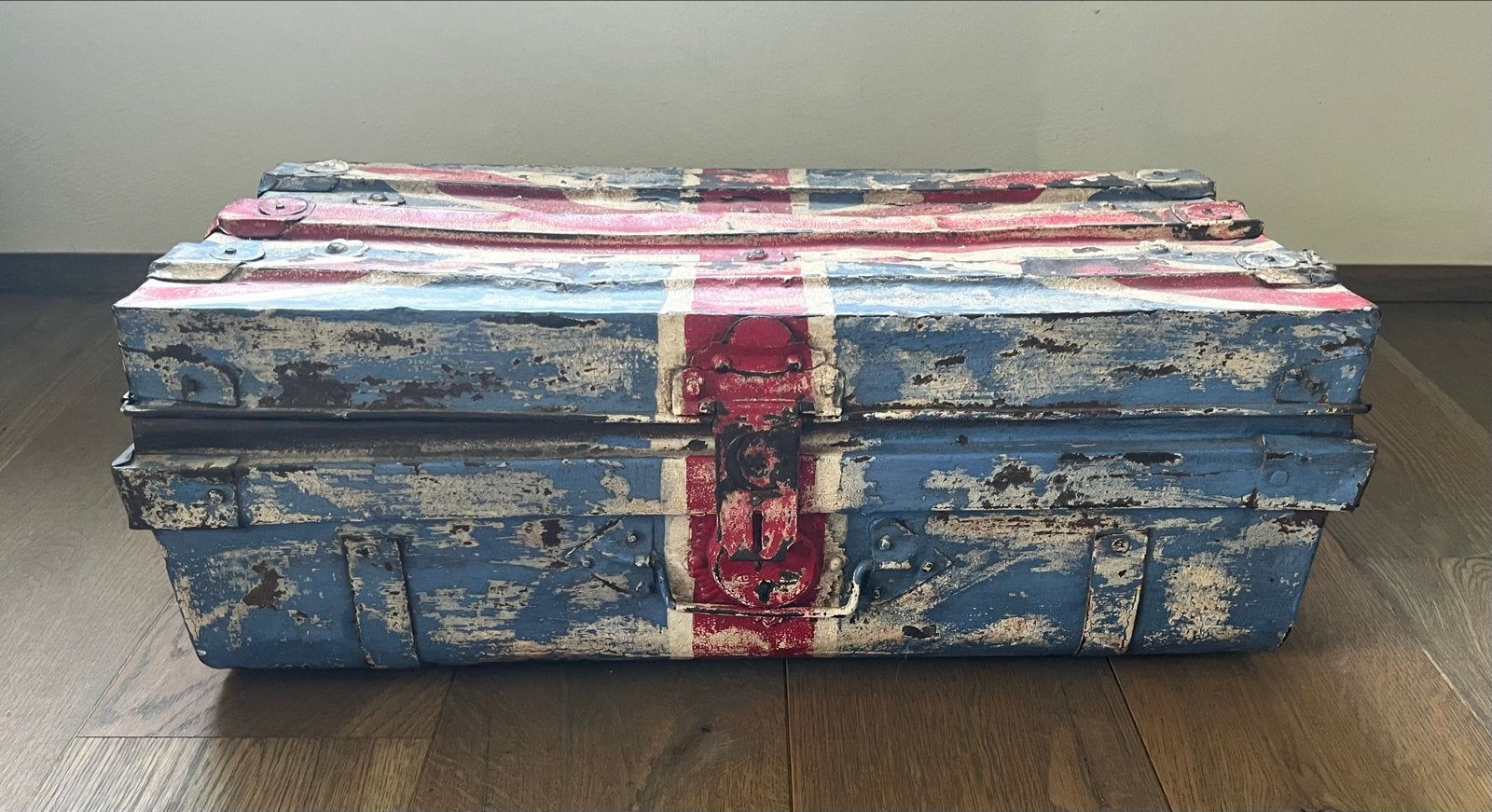 Vintage metalen kist met Union Jack-design, Ophalen, Gebruikt, 50 tot 100 cm, Metaal