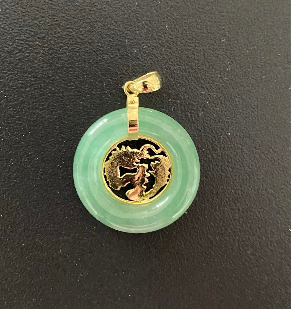 Groene hanger van jade met draak 14 kt goud, Overige materialen, Gebruikt, Ophalen of Verzenden, Groen