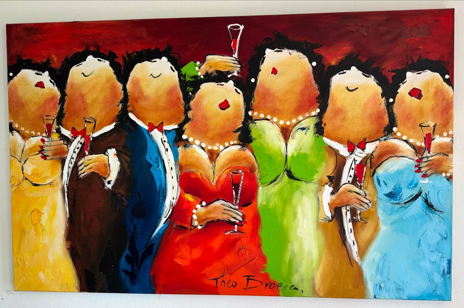Theo Broersen - Feestelijk gezelschap - Olieverf op doek, Ophalen, Doek, Portret of Personen, Expressionistisch