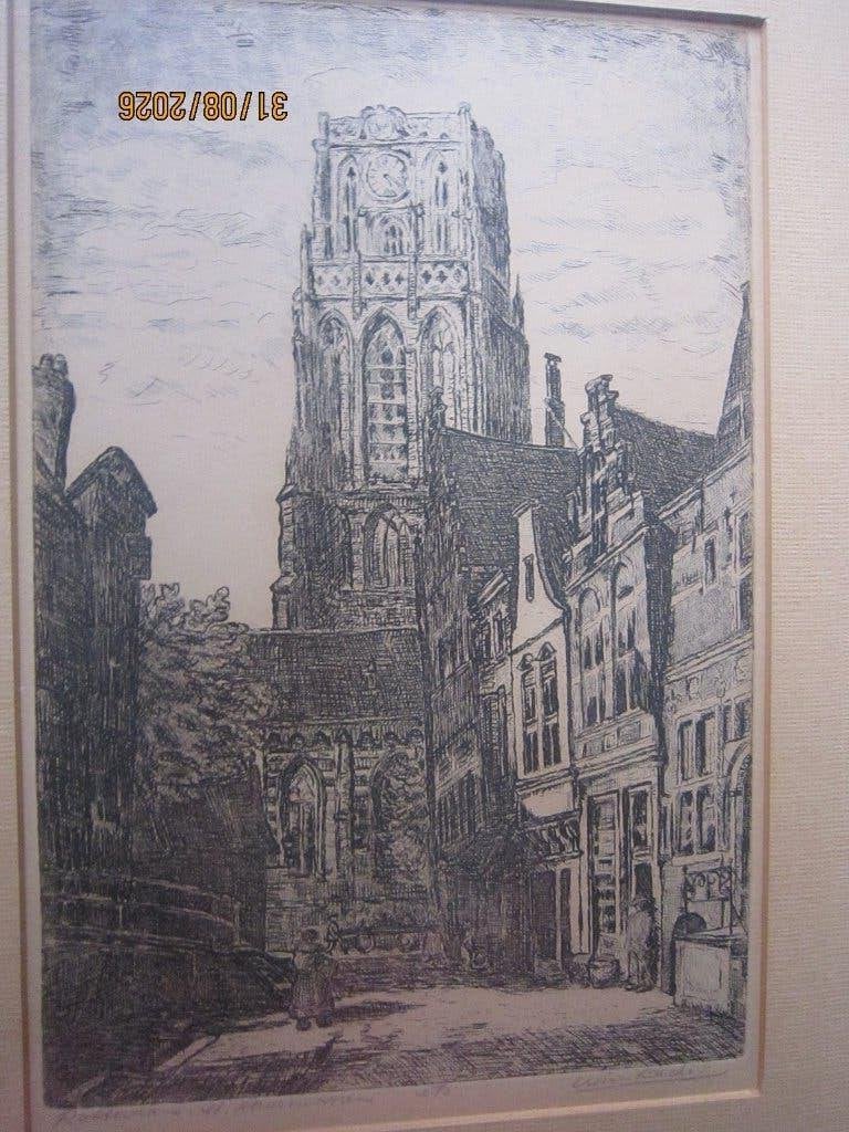 LAURENSKERK Rotterdam, Mooie ingel ets van WIM BEEKE, Antiek en Kunst, Ophalen, Ets