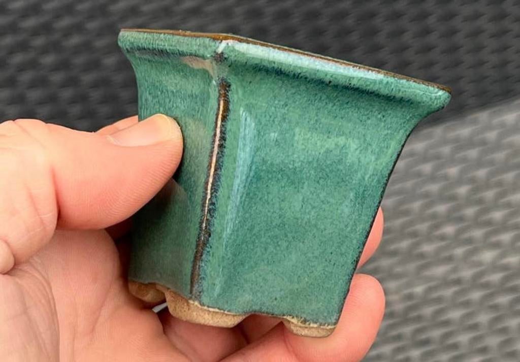 Bonsai Cascade pot groen-blauw geglazuurd 5,9x5,9x6,1, Vierkant, Ophalen of Verzenden, Zo goed als nieuw, Aardewerk
