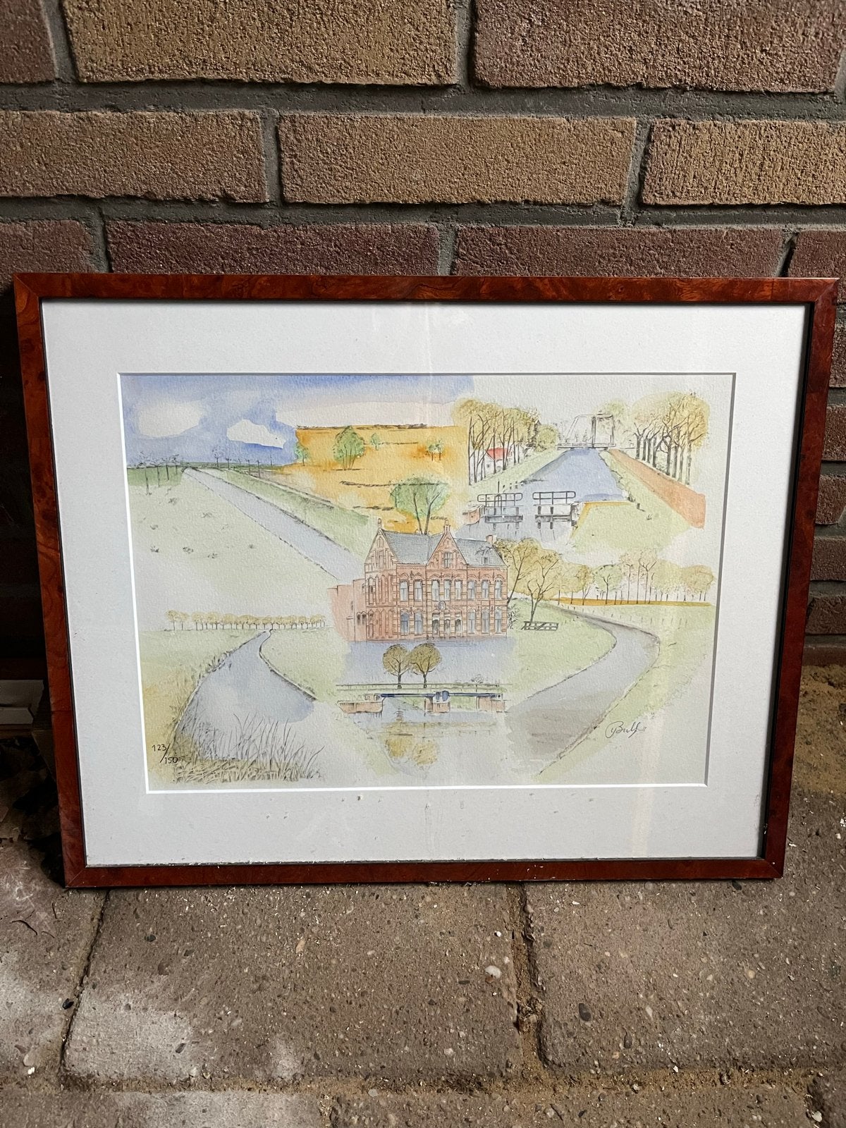 Ingelijste aquarel van een Hollands landschap, Realistisch, Ophalen of Verzenden, Gesigneerd, Aquarel