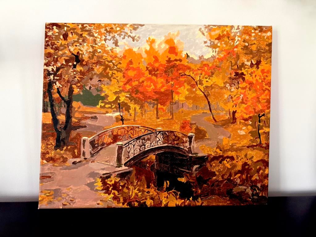 Schilderij Herfstlandschap met Brug - Onbekende Signatuur, Ophalen of Verzenden