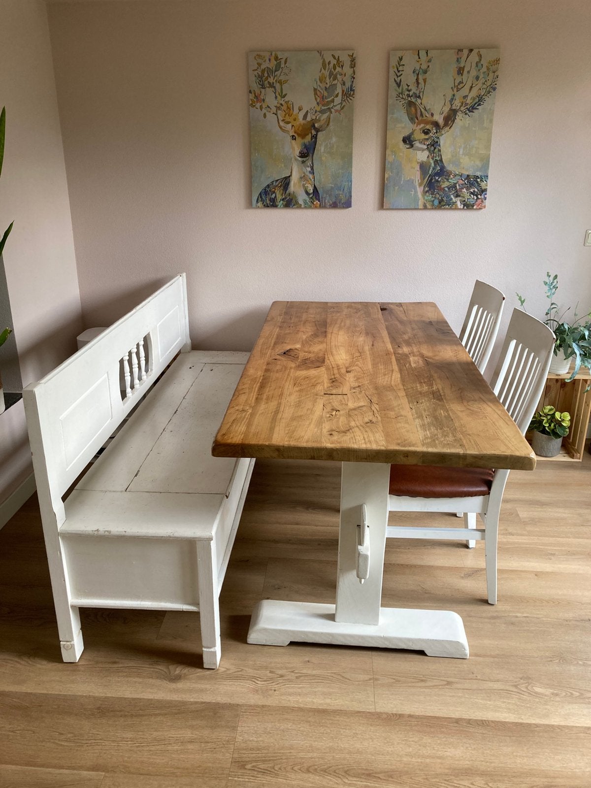 Massief houten eettafel met klepbank en stoelen, Ophalen, Gebruikt, Landelijk, Minder dan 4 stoelen
