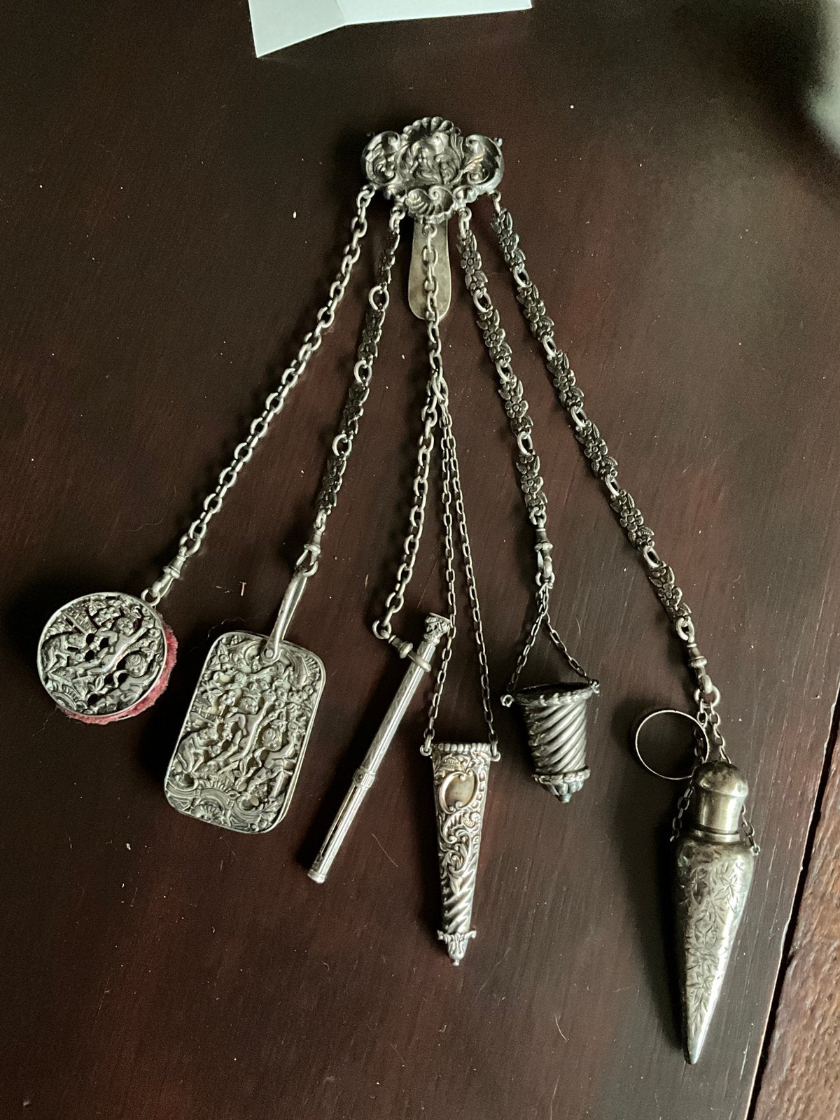 Antieke engelse chatelaine potlood boekje speldenkussen fles, Antiek en Kunst, Antiek | Goud en Zilver, Ophalen of Verzenden