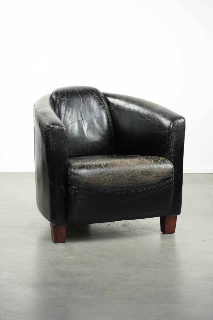 Zwarte vintage rundleren Aviator design fauteuil, Ophalen, Gebruikt, Aviator, /