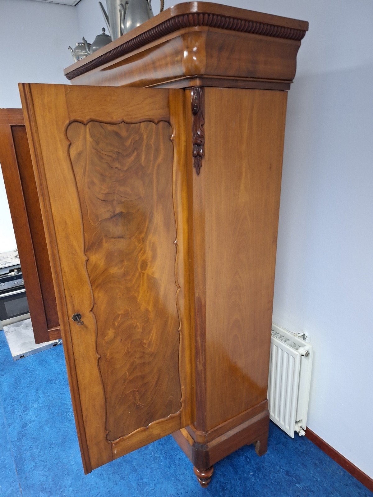 antieke mahonie biedemeier linnenkast, Ophalen, Gebruikt, 100 tot 150 cm, ?