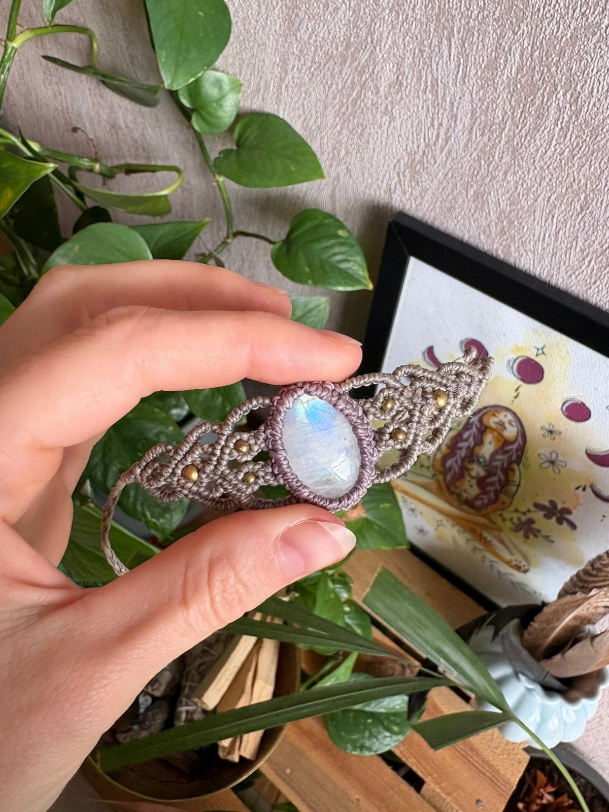 Armband met maansteen (macrame), Sieraden, Tassen en Uiterlijk, Armbanden, Verzenden, Nieuw, Overige materialen, Met edelsteen