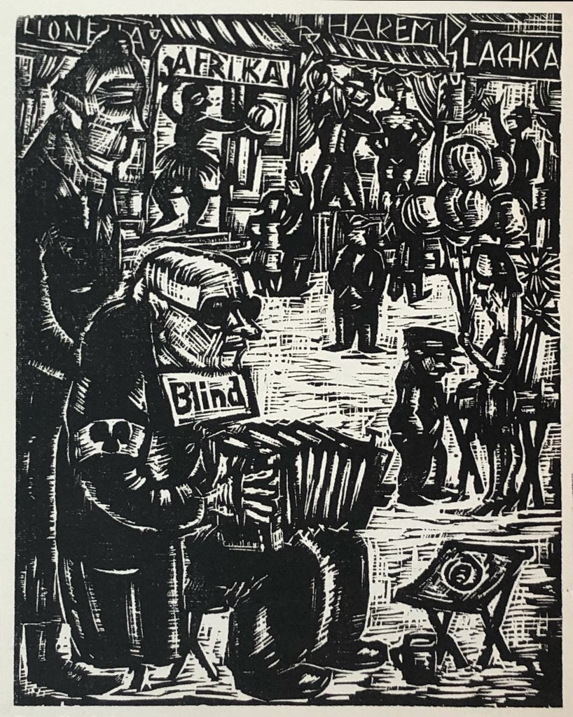 Franz Gaudeck (1889-1946) Houtsnede 'Blinde op Bandoneon' ca, Ophalen of Verzenden