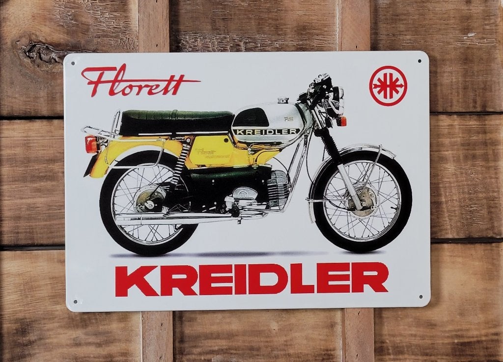 Kreidler Florett geel reclamebord van metaal wandbord deco, Reclamebord, Info@deconoord.nl, Deco Noord, Nieuw