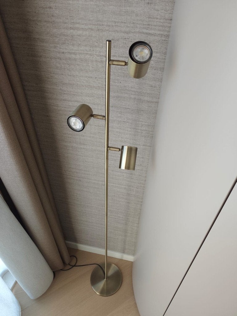 Bronzen vloerlamp met 3 spots, Huis en Inrichting, Lampen | Vloerlampen, GU10, Ophalen of Verzenden, Zo goed als nieuw, Metaal