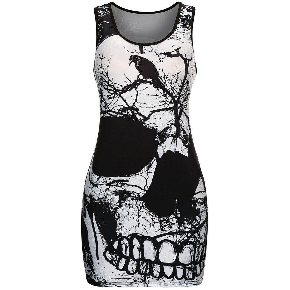 Gothic skulls jurk sexy doodskoppen skater punk dames, Verzenden, Nieuw, Meerkleurig, Boven de knie