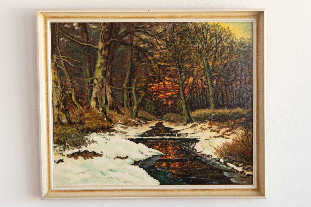 (nr.286) Schilderij, winters bosgezicht in lijst, Ophalen, 50 – 75, Zo goed als nieuw, Schilderij