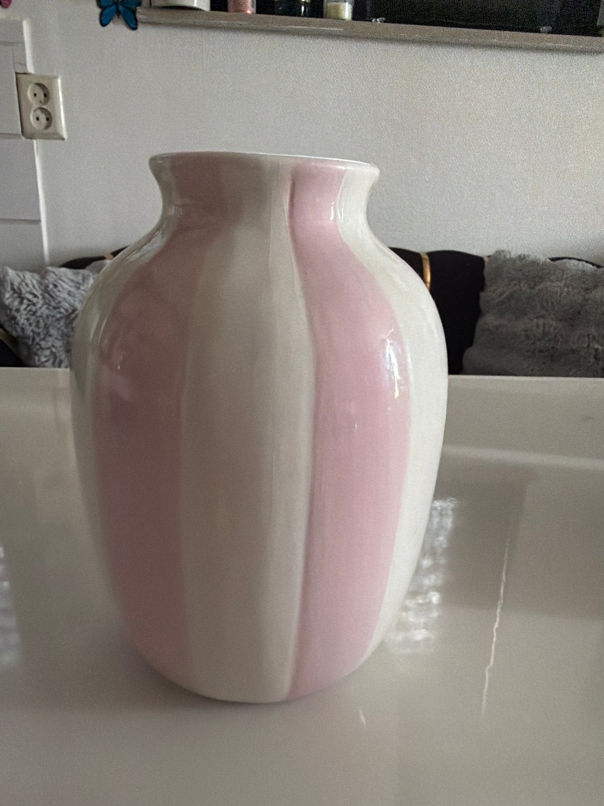 Keramische vaas roze/wit gestreept - 17 cm, Ophalen