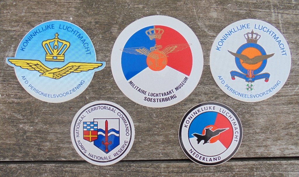 5 oude stickers Nederlandse Luchtmacht., Verzamelen, Ophalen of Verzenden, Luchtmacht, Nederland, Embleem of Badge